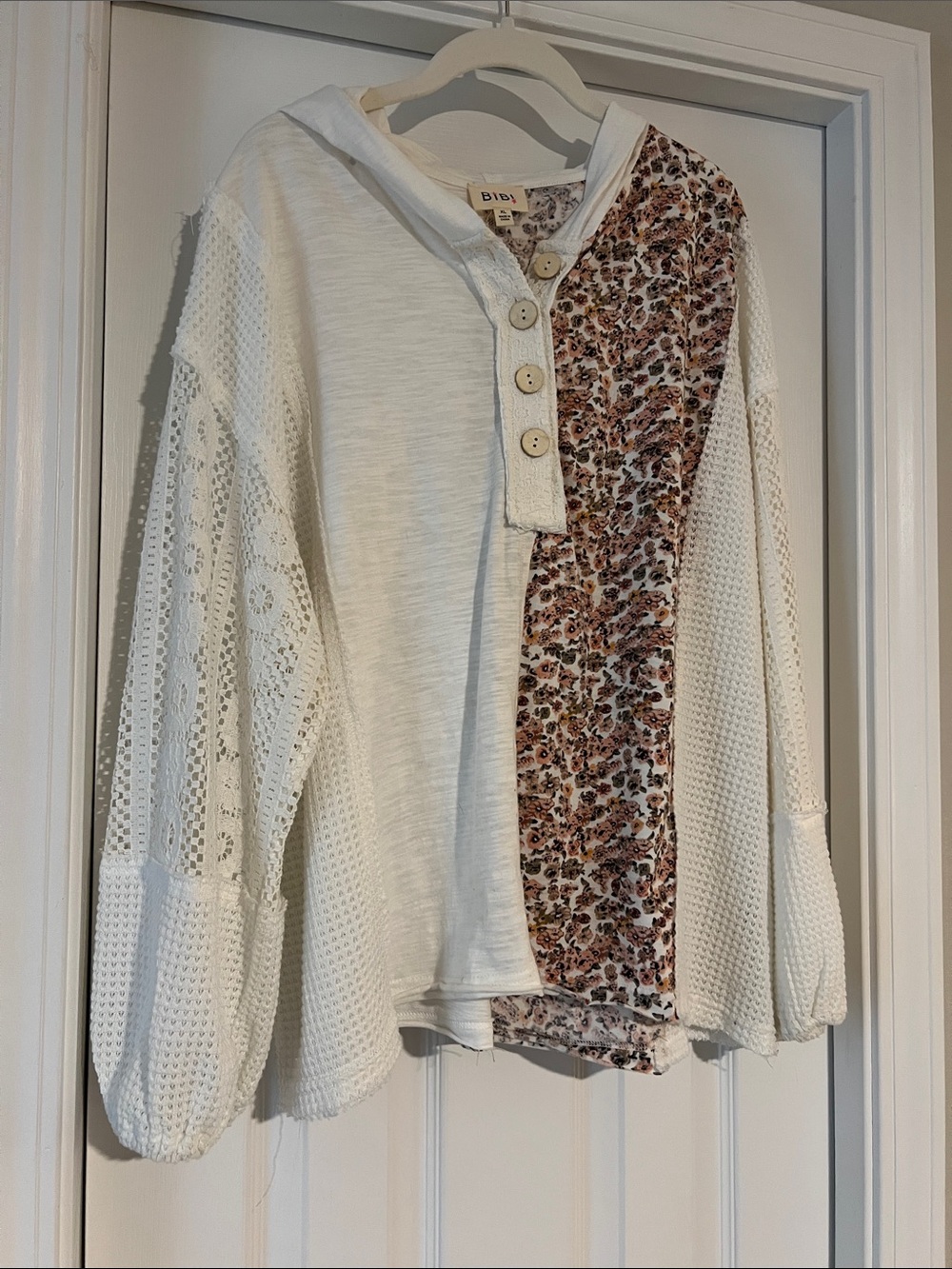 BiBi Ivory Knit Boho Top with Floral Panel